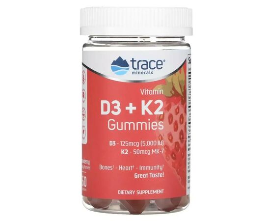 Мультивітамін Trace Minerals Вітамін D3 і K2, смак полуниці, Vitamin D3 + K2 Gummies, 60 жувальних (TMR-00754)
