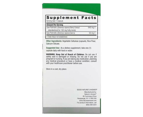 Трави Nature's Answer З Пальметто, 690 мг, Saw Palmetto, Standardized, 120 вегетаріанських до (NTA-16431), зображення 3 Трави Nature's Answer З Пальметто, 690 мг, Saw Palmetto, Standardized, 120 вегетаріанських до (NTA-16431), зображення 3