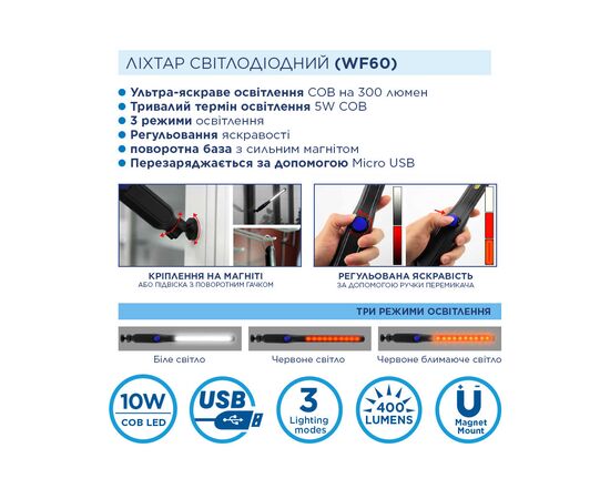 Фонарь Westinghouse 5W COB WF60 з USB (WF60-HCB), изображение 4 Фонарь Westinghouse 5W COB WF60 з USB (WF60-HCB), изображение 4