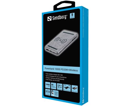 Батарея универсальная Sandberg 10000mAh, PD/20W,  Wireless QI 15W, QC3.0, USB-C, Micro-USB, USB-A (420-61), изображение 2 Батарея универсальная Sandberg 10000mAh, PD/20W,  Wireless QI 15W, QC3.0, USB-C, Micro-USB, USB-A (420-61), изображение 2