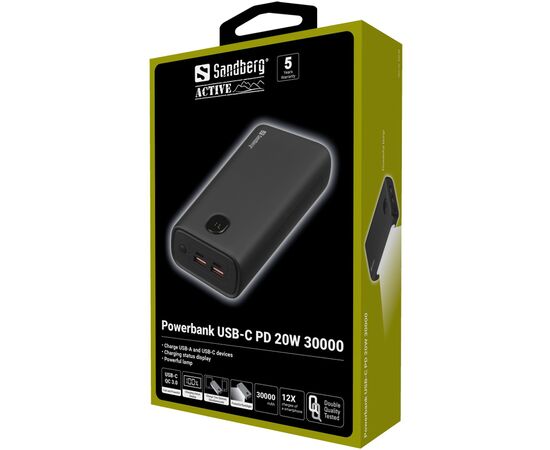 Батарея универсальная Sandberg 30000mAh, PD/20W, QC/3.0, USB-C*2, USB-A*2, LED flashlight 2W (420-68), изображение 4 Батарея универсальная Sandberg 30000mAh, PD/20W, QC/3.0, USB-C*2, USB-A*2, LED flashlight 2W (420-68), изображение 4