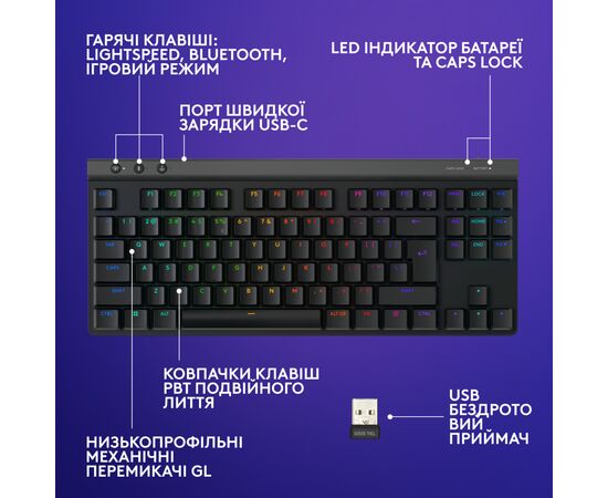 Клавиатура Logitech G515 TKL Lightspeed Tactile Bluetooth UA Black (920-012538), изображение 7 Клавиатура Logitech G515 TKL Lightspeed Tactile Bluetooth UA Black (920-012538), изображение 7