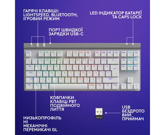 Клавиатура Logitech G515 TKL Lightspeed Tactile Bluetooth UA White (920-012539), изображение 7 Клавиатура Logitech G515 TKL Lightspeed Tactile Bluetooth UA White (920-012539), изображение 7