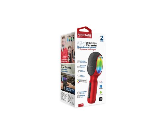 Микрофон Promate VocalMic Bluetooth 2 x AUX LED Red (vocalmic.red), изображение 2 Микрофон Promate VocalMic Bluetooth 2 x AUX LED Red (vocalmic.red), изображение 2