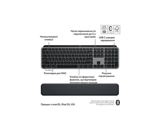 Клавиатура Logitech MX Keys S Combo для MAC Bluetooth/Wireles UA Space Grey (920-012845), изображение 4 Клавиатура Logitech MX Keys S Combo для MAC Bluetooth/Wireles UA Space Grey (920-012845), изображение 4