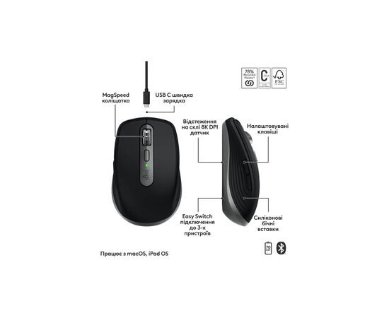 Мышка Logitech MX Anywhere 3S для MAC Wireless Space Grey (910-006947), изображение 3 Мышка Logitech MX Anywhere 3S для MAC Wireless Space Grey (910-006947), изображение 3