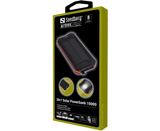Батарея универсальная Sandberg 10000 mAh, Solar:5V/250mA, power-through, IP54, flashlight (420-72), изображение 5 Батарея универсальная Sandberg 10000 mAh, Solar:5V/250mA, power-through, IP54, flashlight (420-72), изображение 5