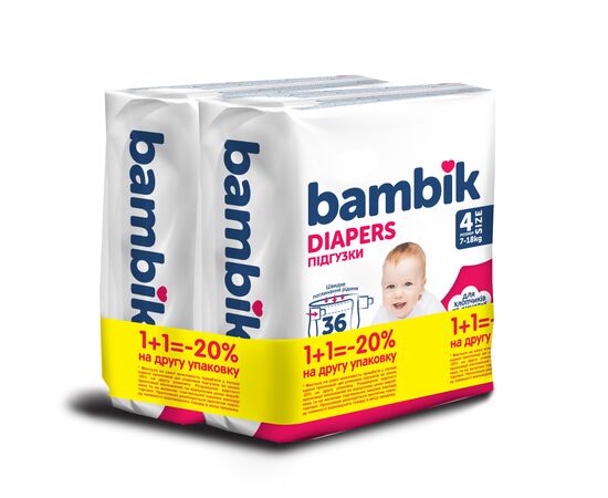 Подгузники Bambik Medium 7-18 кг Размер 4 Maxi 2 х 36 шт (4823071664034)