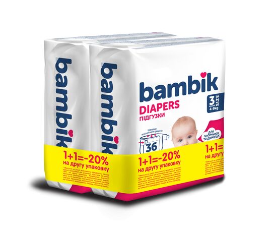 Підгузки Bambik Medium 4-9 кг Розмір 3 Midi 2 х 36 шт (4823071664027)