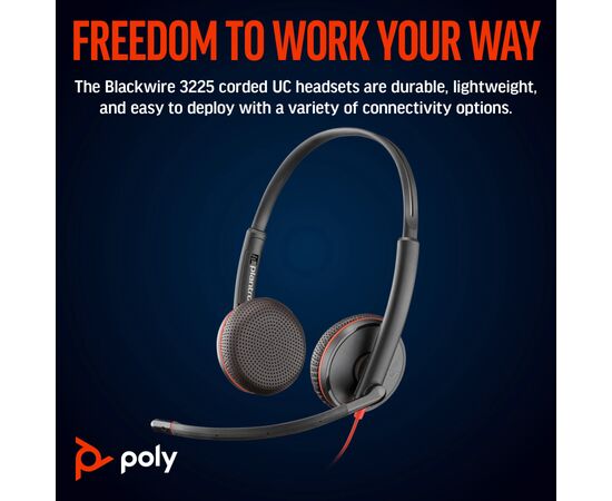 Наушники Poly BlackWire C3225 USB-C HS Stereo +3.5mm Plug +USB-C/A Adapter (Bulk) Black (8X229A6), изображение 2 Наушники Poly BlackWire C3225 USB-C HS Stereo +3.5mm Plug +USB-C/A Adapter (Bulk) Black (8X229A6), изображение 2