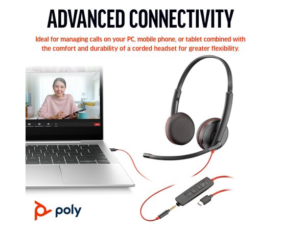 Наушники Poly BlackWire C3225 USB-C HS Stereo +3.5mm Plug +USB-C/A Adapter (Bulk) Black (8X229A6), изображение 4 Наушники Poly BlackWire C3225 USB-C HS Stereo +3.5mm Plug +USB-C/A Adapter (Bulk) Black (8X229A6), изображение 4