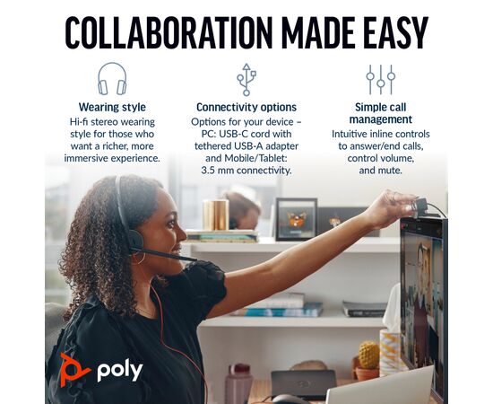 Наушники Poly BlackWire C3225 USB-C HS Stereo +3.5mm Plug +USB-C/A Adapter (Bulk) Black (8X229A6), изображение 5 Наушники Poly BlackWire C3225 USB-C HS Stereo +3.5mm Plug +USB-C/A Adapter (Bulk) Black (8X229A6), изображение 5