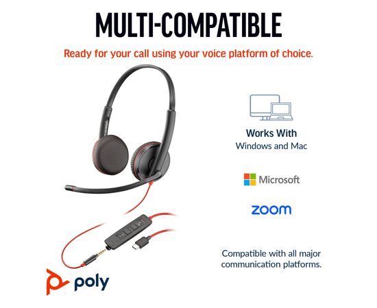 Наушники Poly BlackWire C3225 USB-C HS Stereo +3.5mm Plug +USB-C/A Adapter (Bulk) Black (8X229A6), изображение 6 Наушники Poly BlackWire C3225 USB-C HS Stereo +3.5mm Plug +USB-C/A Adapter (Bulk) Black (8X229A6), изображение 6