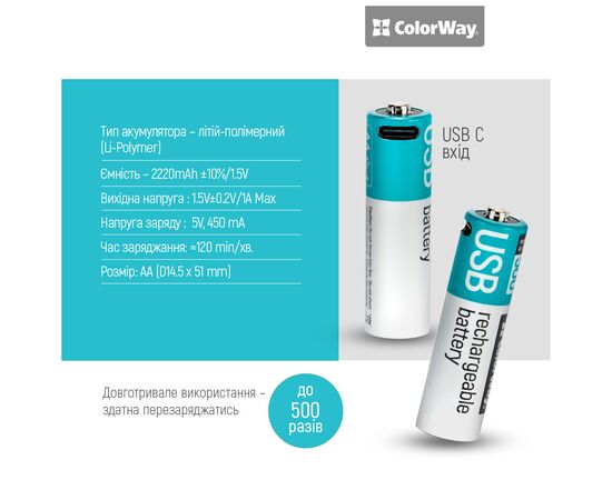 Аккумулятор ColorWay AA USB-С 2220 mAh 1.5V (2шт) (Li-Polymer) (CW-UBAA-10), изображение 6 Аккумулятор ColorWay AA USB-С 2220 mAh 1.5V (2шт) (Li-Polymer) (CW-UBAA-10), изображение 6