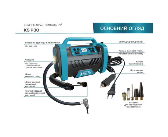 Автомобільний компресор Konner&Sohnen KS P30, 12В, 120Вт, 150psi, 35л/хв, 1.8кг (KSP30), зображення 6 Автомобільний компресор Konner&Sohnen KS P30, 12В, 120Вт, 150psi, 35л/хв, 1.8кг (KSP30), зображення 6