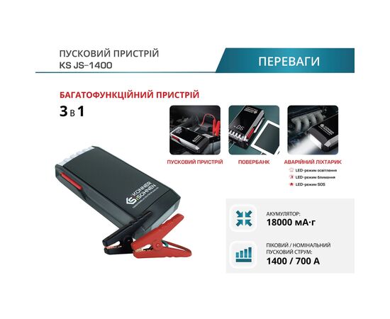 Пуско зарядное устройство Konner&Sohnen портативный KS JS-1400, 18000mAh, ток 700А/пик 1400А, 0.95кг (KSJS-1400), изображение 7 Пуско зарядное устройство Konner&Sohnen портативный KS JS-1400, 18000mAh, ток 700А/пик 1400А, 0.95кг (KSJS-1400), изображение 7