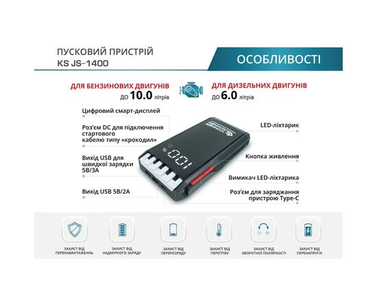 Пуско зарядное устройство Konner&Sohnen портативный KS JS-1400, 18000mAh, ток 700А/пик 1400А, 0.95кг (KSJS-1400), изображение 8 Пуско зарядное устройство Konner&Sohnen портативный KS JS-1400, 18000mAh, ток 700А/пик 1400А, 0.95кг (KSJS-1400), изображение 8