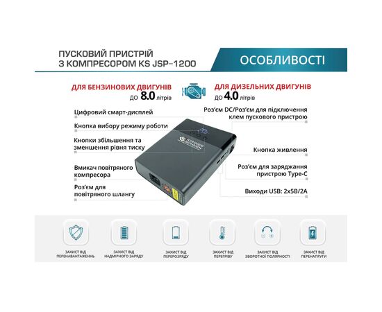 Пуско зарядное устройство Konner&Sohnen портативный KS JSP-1200 с компрессором, 14000mAh, ток 600А/пик 1200А, 150psi, 1.45кг (KSJSP-1200), изображение 7 Пуско зарядное устройство Konner&Sohnen портативный KS JSP-1200 с компрессором, 14000mAh, ток 600А/пик 1200А, 150psi, 1.45кг (KSJSP-1200), изображение 7
