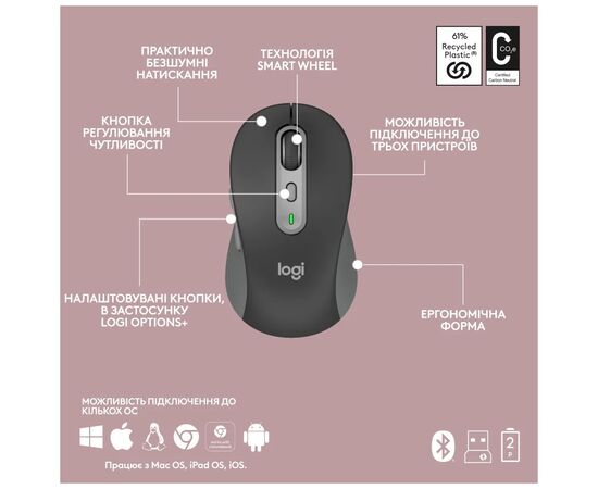 Комплект Logitech MK950 Bluetooth/Wireles UA Graphite (920-012490), зображення 11 Комплект Logitech MK950 Bluetooth/Wireles UA Graphite (920-012490), зображення 11