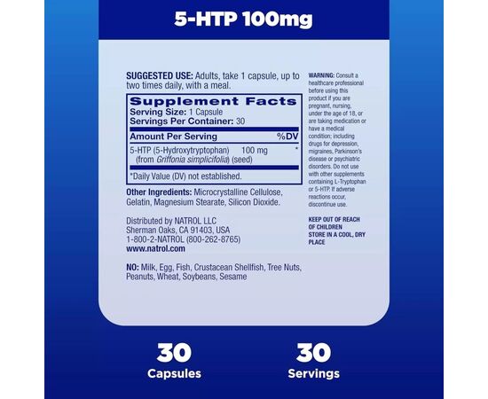 Аминокислота Natrol 5-HTP (Гидрокситриптофан), 100 мг, 5-HTP, 30 капсул (NTL04093), изображение 2 Аминокислота Natrol 5-HTP (Гидрокситриптофан), 100 мг, 5-HTP, 30 капсул (NTL04093), изображение 2