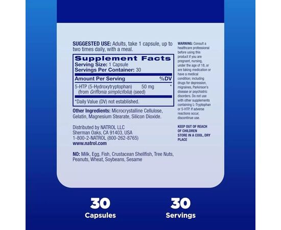 Аминокислота Natrol 5-HTP (Гидрокситриптофан), 50 мг, 5-HTP, 30 капсул (NTL00884), изображение 2 Аминокислота Natrol 5-HTP (Гидрокситриптофан), 50 мг, 5-HTP, 30 капсул (NTL00884), изображение 2