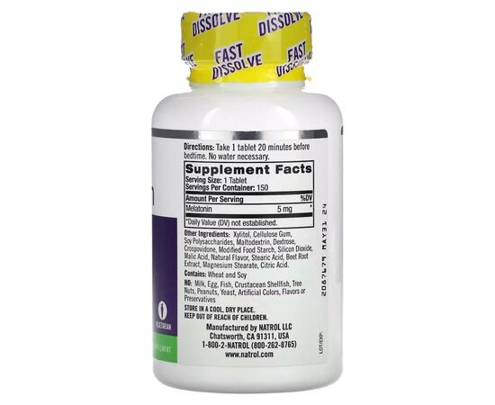 Амінокислота Natrol Мелатонін швидкорозчинний підвищеної сили, 5 мг, вку (NTL-07144), зображення 2 Амінокислота Natrol Мелатонін швидкорозчинний підвищеної сили, 5 мг, вку (NTL-07144), зображення 2