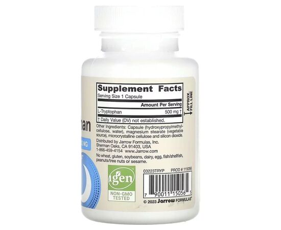 Аминокислота Jarrow Formulas L-триптофан, 500 мг, L-Tryptophan, 60 вегетарианских капсул (JRW-15056), изображение 2 Аминокислота Jarrow Formulas L-триптофан, 500 мг, L-Tryptophan, 60 вегетарианских капсул (JRW-15056), изображение 2
