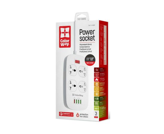 Сетевой фильтр питания ColorWay 4 розетки/4USB White 1.8м (1QC3.0 + 3 AUTO ID) (CW-CHU44QW), изображение 6 Сетевой фильтр питания ColorWay 4 розетки/4USB White 1.8м (1QC3.0 + 3 AUTO ID) (CW-CHU44QW), изображение 6