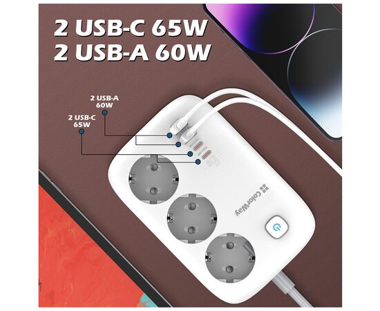 Сетевой фильтр питания ColorWay CW-CHE34PDW 3 розетки/4USB (CW-CHE34PDW), изображение 10 Сетевой фильтр питания ColorWay CW-CHE34PDW 3 розетки/4USB (CW-CHE34PDW), изображение 10