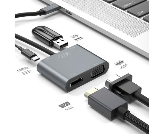 Перехідник XO 4-in-1 Dock USB-C (HDMI/VGA/USB3.0/USB-C PD) (XO-HUB001SL), зображення 4 Перехідник XO 4-in-1 Dock USB-C (HDMI/VGA/USB3.0/USB-C PD) (XO-HUB001SL), зображення 4