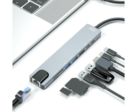 Концентратор XO 8-in-1 Dock USB-C (USB/USB-C PD/HDMI 4K/SD/TF/RJ45) (XO-HUB003SL), изображение 3 Концентратор XO 8-in-1 Dock USB-C (USB/USB-C PD/HDMI 4K/SD/TF/RJ45) (XO-HUB003SL), изображение 3