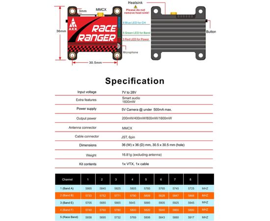 Видеопередатчик (VTX) AKK Race Ranger 1.6W 5.8GHz 48CH L,X Band (TX1918LX), изображение 7 Видеопередатчик (VTX) AKK Race Ranger 1.6W 5.8GHz 48CH L,X Band (TX1918LX), изображение 7