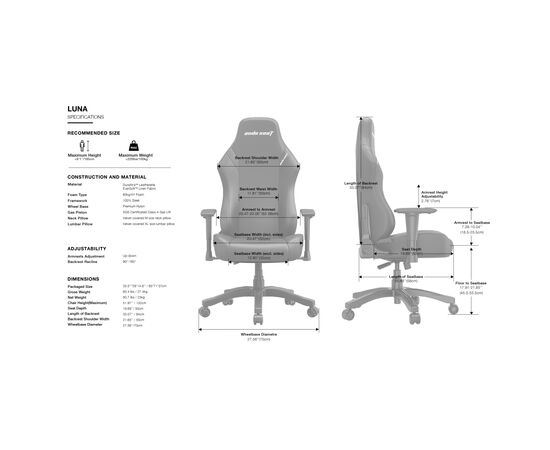 Кресло игровое Anda Seat Luna Size L Back (AD18-44-B-PV/C), изображение 10 Кресло игровое Anda Seat Luna Size L Back (AD18-44-B-PV/C), изображение 10