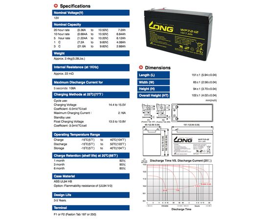 Батарея до ДБЖ Long 12В 7.2 Ач (WP7.2-12) (WP7.2-12A), зображення 3 Батарея до ДБЖ Long 12В 7.2 Ач (WP7.2-12) (WP7.2-12A), зображення 3