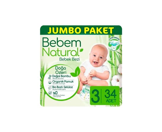 Подгузники Bebem Natural 3 midi 4-9 кг 34 шт (8690536806010), изображение 2 Подгузники Bebem Natural 3 midi 4-9 кг 34 шт (8690536806010), изображение 2