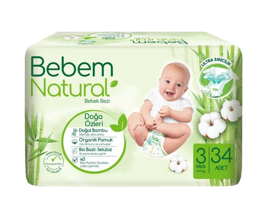 Подгузники Bebem Natural 3 midi 4-9 кг 34 шт (8690536806010)