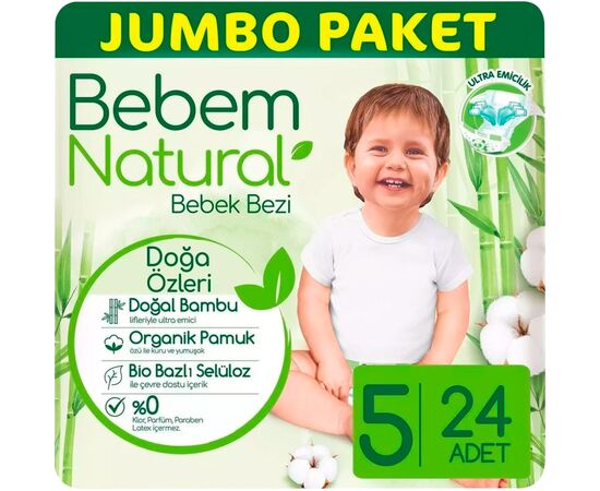 Підгузки Bebem Natural 5 Junior 11-18 кг 24 шт (8690536806034), зображення 2 Підгузки Bebem Natural 5 Junior 11-18 кг 24 шт (8690536806034), зображення 2