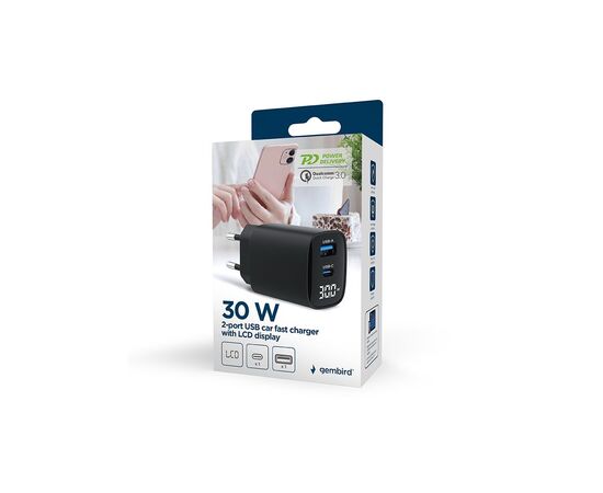 Зарядное устройство Gembird 1xUSB-A (QC3.0 18W) + 1 Type-C (PD20W) LCD black (TA-UC-PDQC30LCD-BK-01), изображение 6 Зарядное устройство Gembird 1xUSB-A (QC3.0 18W) + 1 Type-C (PD20W) LCD black (TA-UC-PDQC30LCD-BK-01), изображение 6