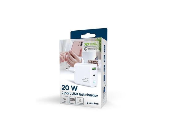 Зарядное устройство Gembird 1xUSB-A + 1 Type-C (PD20Вт + QC3.0 18Вт) white (TA-UC-PDQC20L-W-01), изображение 7 Зарядное устройство Gembird 1xUSB-A + 1 Type-C (PD20Вт + QC3.0 18Вт) white (TA-UC-PDQC20L-W-01), изображение 7