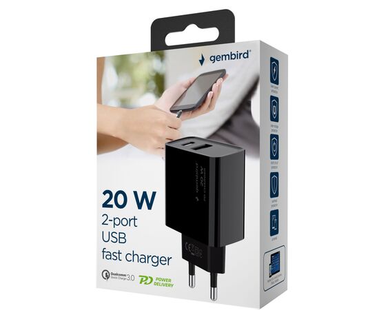 Зарядное устройство Gembird 1xUSB-A + 1 Type-C (PD20Вт + QC3.0 18Вт) black (TA-UC-PDQC20-01-BK), изображение 6 Зарядное устройство Gembird 1xUSB-A + 1 Type-C (PD20Вт + QC3.0 18Вт) black (TA-UC-PDQC20-01-BK), изображение 6
