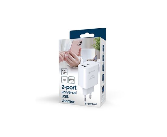 Зарядное устройство Gembird 1xUSB-A+1xUSB-C 5V/2.4A (12W) white (TA-UC-2AC12-01), изображение 6 Зарядное устройство Gembird 1xUSB-A+1xUSB-C 5V/2.4A (12W) white (TA-UC-2AC12-01), изображение 6