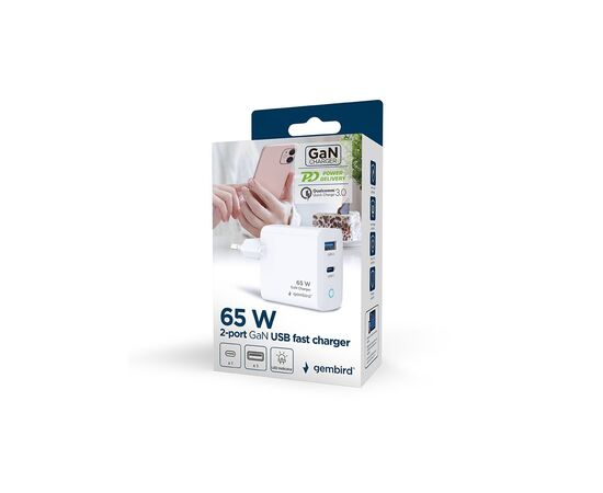 Зарядное устройство Gembird 1хUSB-A (QC3.0 18W) + 1xType-C (PD 65W) white (TA-UC-PDQC65L-W-01), изображение 7 Зарядное устройство Gembird 1хUSB-A (QC3.0 18W) + 1xType-C (PD 65W) white (TA-UC-PDQC65L-W-01), изображение 7