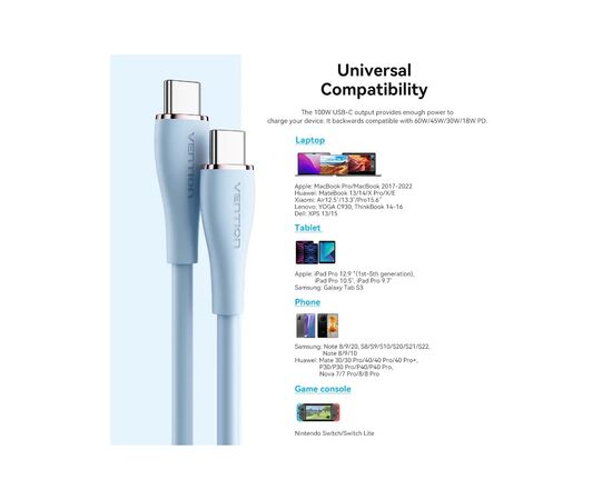 Дата кабель USB-C to USB-C 2.0m USB2.0 100W (20V/5A) Light Green Silicone Vention (TAWGH), изображение 10 Дата кабель USB-C to USB-C 2.0m USB2.0 100W (20V/5A) Light Green Silicone Vention (TAWGH), изображение 10