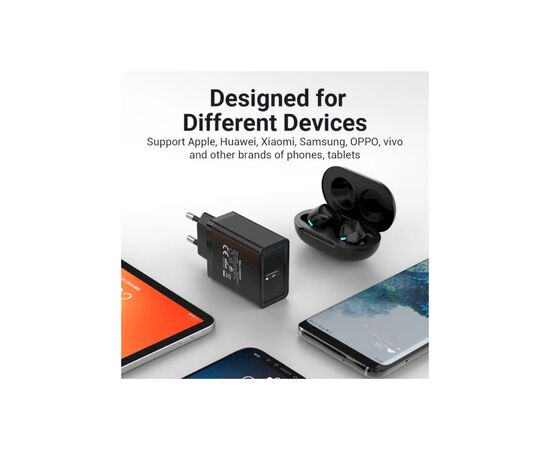 Зарядное устройство Vention 1xUSB 18W (USB-A) QC3.0 black (FABB0-EU), изображение 7 Зарядное устройство Vention 1xUSB 18W (USB-A) QC3.0 black (FABB0-EU), изображение 7