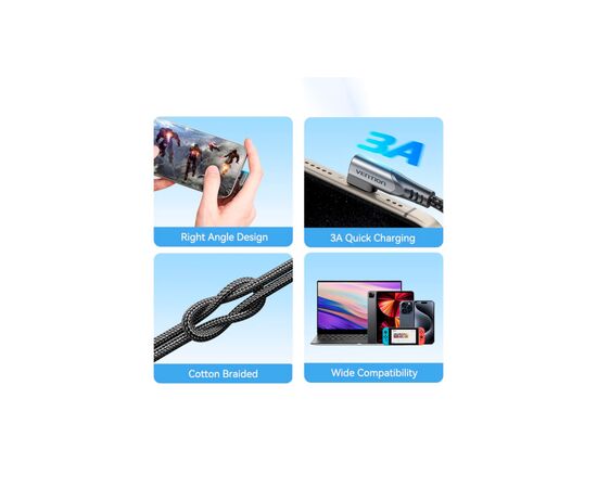 Дата кабель USB-C to USB-C 0.5m USB2.0 60W (20V/3A) angle 90° Gray Aluminum Alloy Vention (TRAHD), изображение 3 Дата кабель USB-C to USB-C 0.5m USB2.0 60W (20V/3A) angle 90° Gray Aluminum Alloy Vention (TRAHD), изображение 3