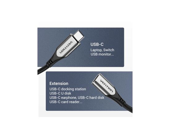 Дата кабель USB-C 3.1 M/F 1.0m 60W (20V/3A) 4K60HZ Thunderbolt 3 Vention (TABHF), изображение 2 Дата кабель USB-C 3.1 M/F 1.0m 60W (20V/3A) 4K60HZ Thunderbolt 3 Vention (TABHF), изображение 2