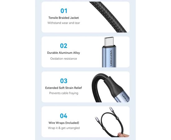 Дата кабель USB-C to USB-C 1.0m USB4.0 240W (50V/5A) 8K60Hz Thunderbolt 4 Gray Aluminum Alloy Vention (TAVHF), изображение 4 Дата кабель USB-C to USB-C 1.0m USB4.0 240W (50V/5A) 8K60Hz Thunderbolt 4 Gray Aluminum Alloy Vention (TAVHF), изображение 4