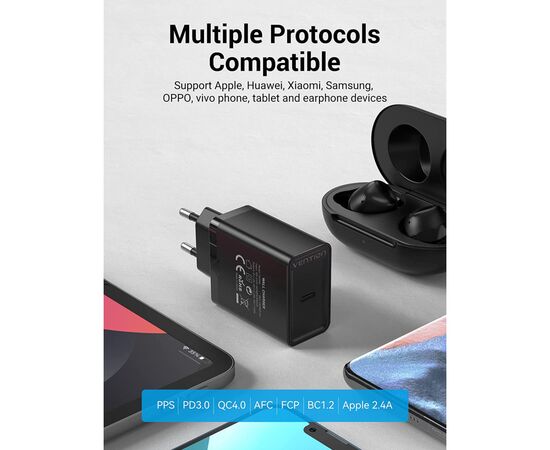Зарядное устройство Vention 1xUSB 20W (USB-С) PD black (FADB0-EU), изображение 4 Зарядное устройство Vention 1xUSB 20W (USB-С) PD black (FADB0-EU), изображение 4