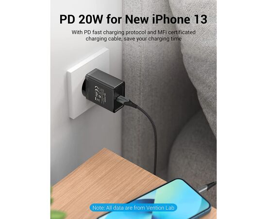 Зарядное устройство Vention 1xUSB 20W (USB-С) PD black (FADB0-EU), изображение 5 Зарядное устройство Vention 1xUSB 20W (USB-С) PD black (FADB0-EU), изображение 5