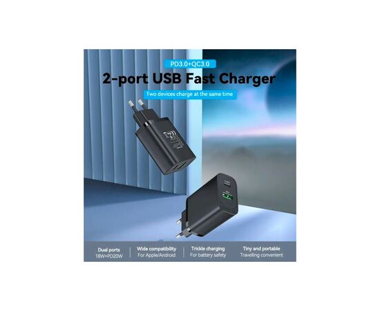 Зарядное устройство Vention 2xUSB 38W (USB-C+USB-A) PD+QC3.0 black (FBIB0-EU), изображение 2 Зарядное устройство Vention 2xUSB 38W (USB-C+USB-A) PD+QC3.0 black (FBIB0-EU), изображение 2